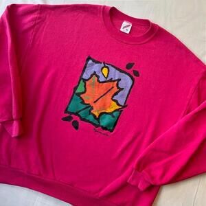🍁 Vintage 90s Neon Pink Minnesota Sweatshirt XL Abstract Art Leaf Grandma Core